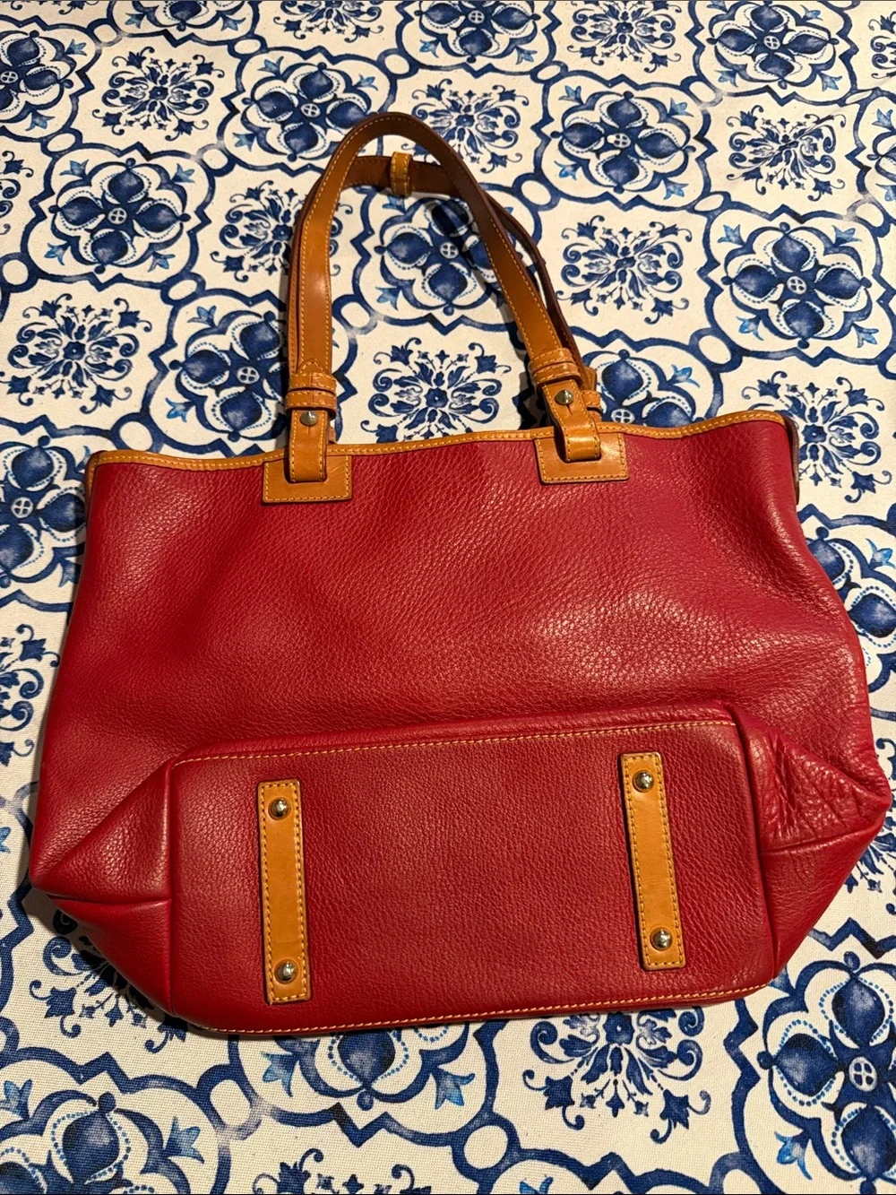 Dooney & Bourke Red Leather Tote with Tan Trim and Gold Logo